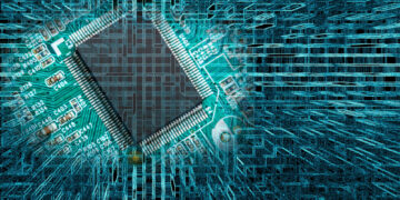 Abstract image of a central processing unit (CPU) surrounded by a grid of digital circuits, reminiscent of the intricate patterns driving the best AI stocks to buy. The circuit board extends outwards, creating a visual effect of depth and complexity in shades of teal and black. | 5StarsStocks