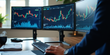 A person in business attire closely monitors financial charts on three computer screens, utilizing trading strategies with 5StarsStocks. The displays reveal various stock graphs and data, while a steaming mug, notebook, and calculator rest on the wooden desk. Natural light filters through nearby windows. | 5StarsStocks