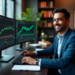 A smiling man in a suit sits at a desk with two large monitors displaying financial graphs and data from 5Stars Stocks.com. A notebook, pen, and coffee cup rest on the desk. A window and bookshelves complete the sleek, modern office setting. | 5StarsStocks