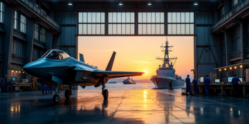 A jet is parked inside a hangar, its open doors revealing a sunset over a large ship on the water. As several people work on the jet, another vessel looms in the distance. The scene is bathed in warm sunlight, echoing the strategic importance of defense stocks in modern maritime security. | 5StarsStocks