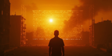 A silhouette of a person stands before a glowing, grid-like wall radiating bright orange light, with smoke and dark buildings—a scene as intense and uncertain as the question: Should You Buy Gold Now? The atmosphere is strikingly futuristic. | 5StarsStocks