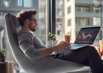 A man sits in a modern chair by a large window, using a laptop displaying stock charts. He has a smoothie with a straw beside him and a small potted plant on a table, with city buildings visible outside. | 5StarsStocks