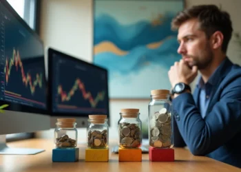 A man in a suit sits at a desk, focused on computer monitors showing financial charts. In front of him are four jars filled with coins, each on a colored block, suggesting financial planning or investment. | 5StarsStocks