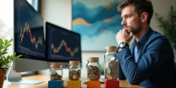 A man in a suit sits at a desk, focused on computer monitors showing financial charts. In front of him are four jars filled with coins, each on a colored block, suggesting financial planning or investment. | 5StarsStocks
