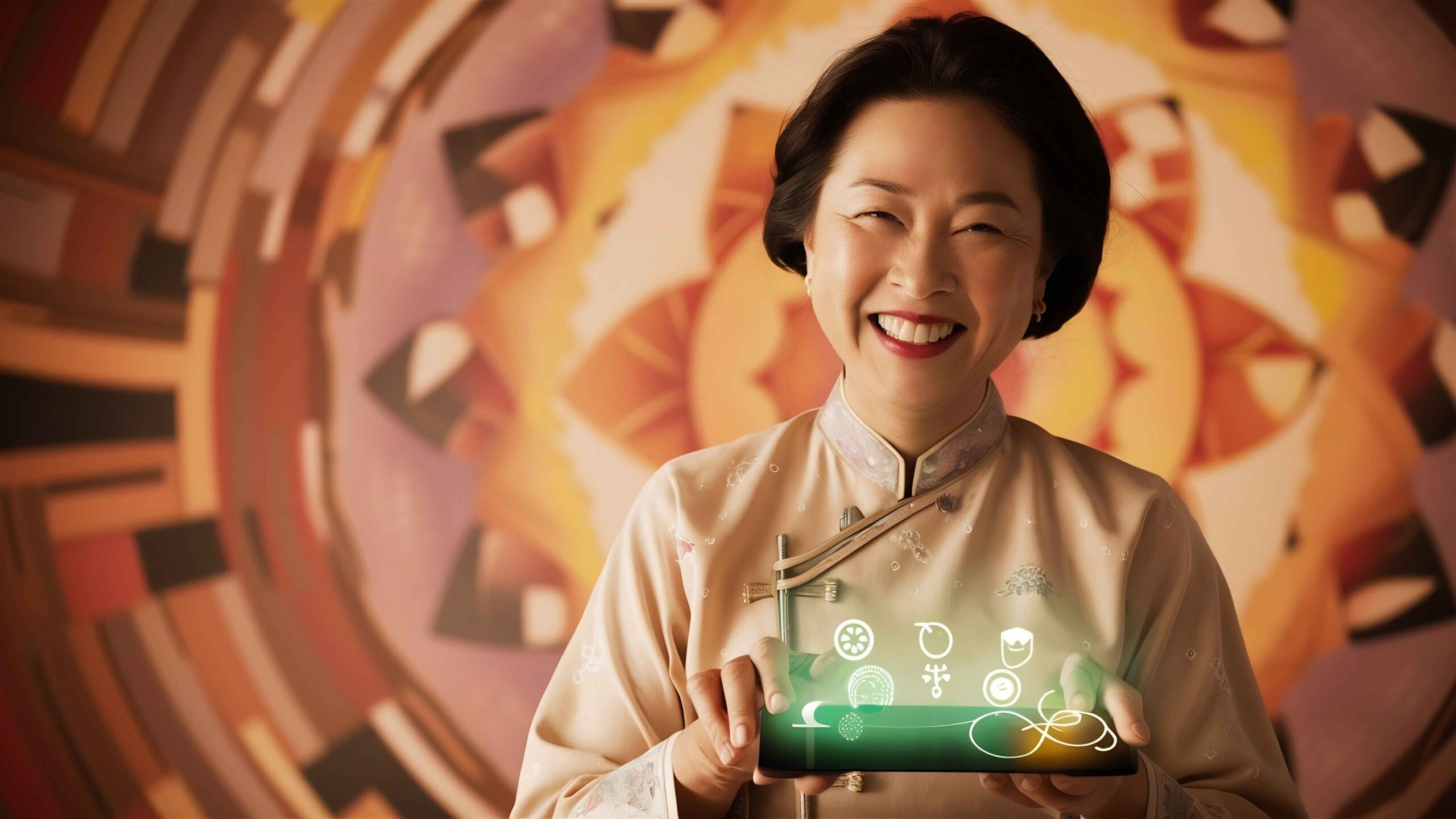 A smiling woman in a traditional outfit holds a tray with glowing symbols, standing before a colorful circular mural—echoing how Asia's Wellness Journeys teach us about smart investing through harmony and mindful choices. | 5StarsStocks