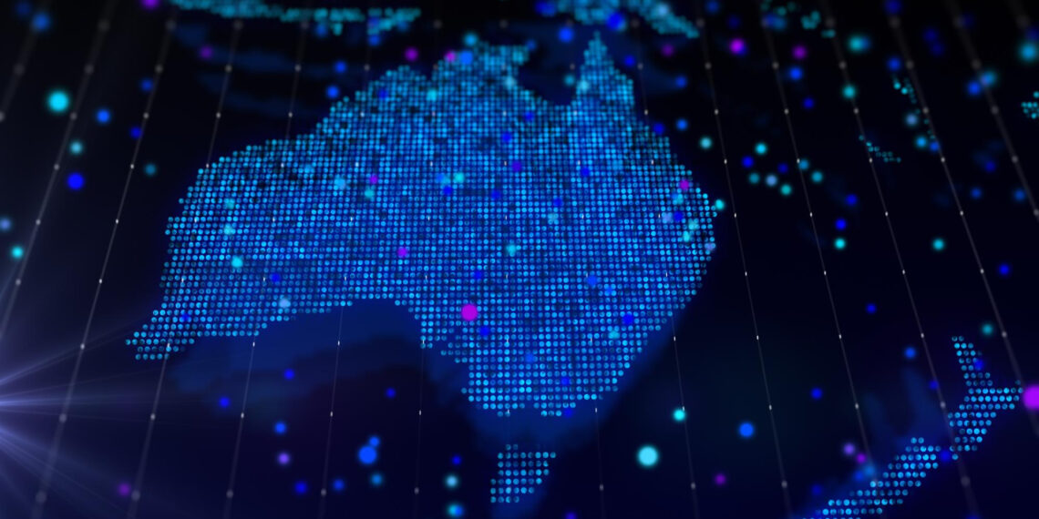 A digital map of Australia composed of small blue dots, with scattered glowing dots in blue, purple, and white. The background is dark, giving a futuristic, high-tech appearance. | 5StarsStocks