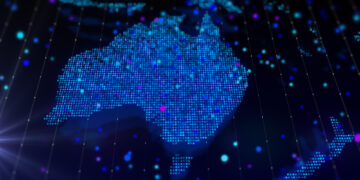 A digital map of Australia composed of small blue dots, with scattered glowing dots in blue, purple, and white. The background is dark, giving a futuristic, high-tech appearance. | 5StarsStocks