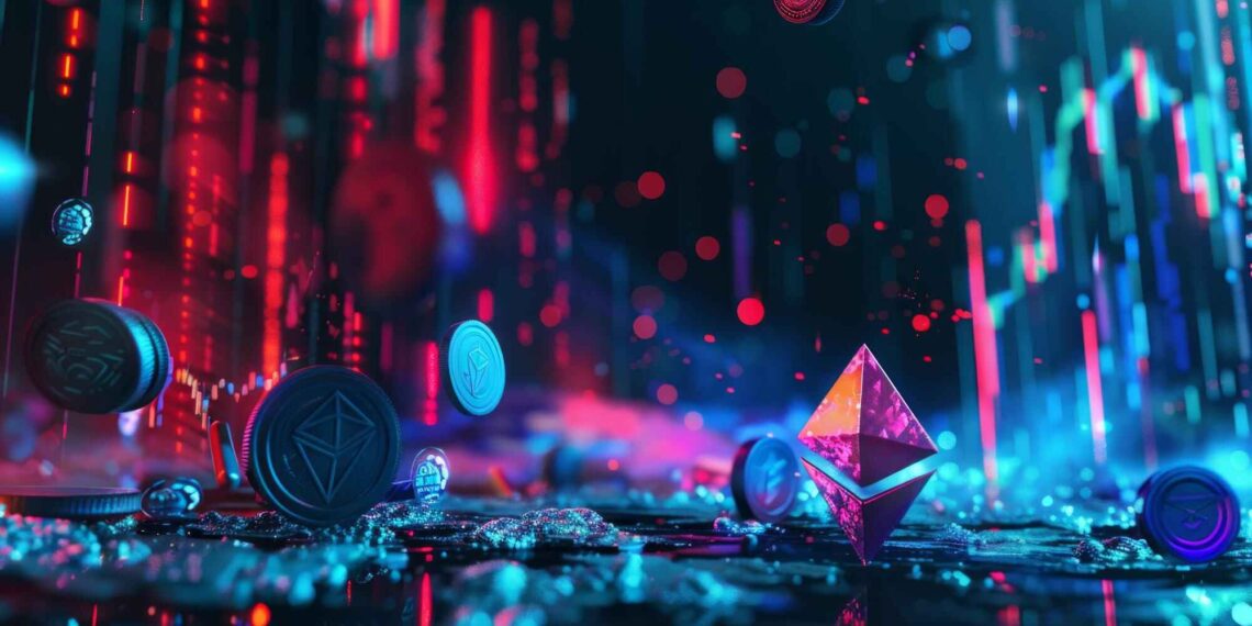 Futuristic digital art of cryptocurrency coins and neon lights, with a glowing Ethereum symbol in the foreground.