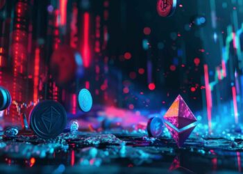 Futuristic digital art of cryptocurrency coins and neon lights, with a glowing Ethereum symbol in the foreground.