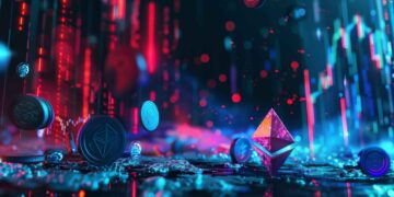 Futuristic digital art of cryptocurrency coins and neon lights, with a glowing Ethereum symbol in the foreground.