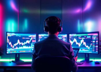 Person wearing headphones views trading charts on three monitors in a neon-lit room, holding a tablet.