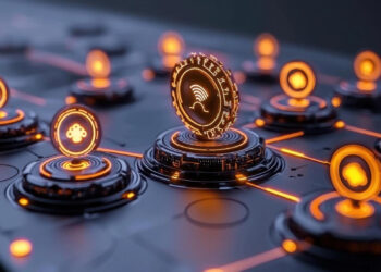 A futuristic digital interface with glowing orange icons representing various technologies, such as Wi-Fi, gaming, and cloud services, displayed on a dark surface with illuminated lines connecting them. | 5StarsStocks