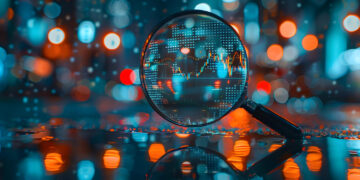 A magnifying glass focuses on a digital financial chart with colorful lines and bars, set against a blurred cityscape of glowing lights in blue and orange hues. | 5StarsStocks