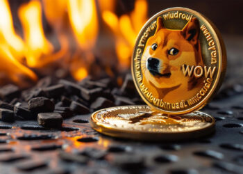 A Dogecoin coin featuring the Shiba Inu dog meme stands upright next to another coin, both on a metal surface with burning flames and charcoal in the background. | 5StarsStocks