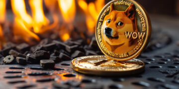 A Dogecoin coin featuring the Shiba Inu dog meme stands upright next to another coin, both on a metal surface with burning flames and charcoal in the background. | 5StarsStocks