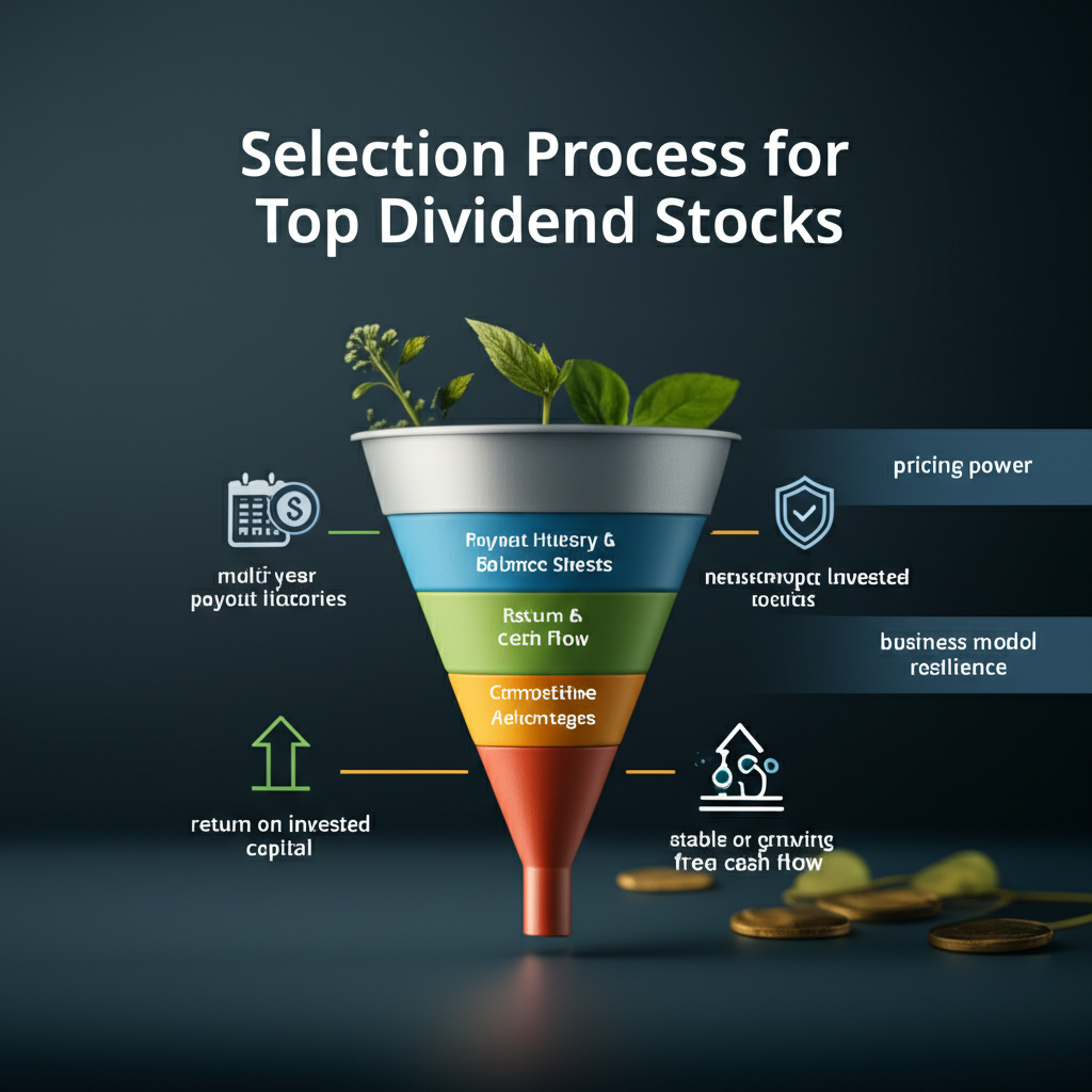 Infographic of stock selection funnel with criteria icons.