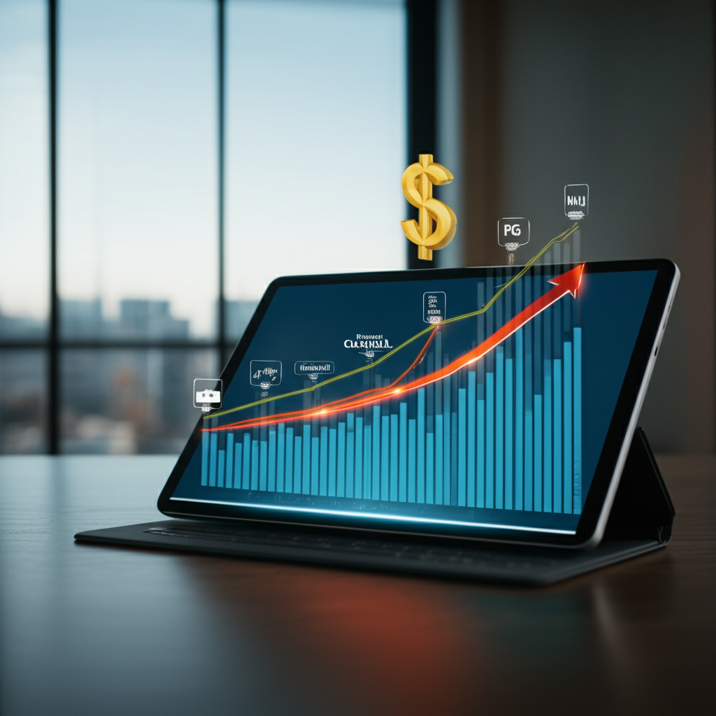 Digital tablet displaying stock market graph with eight dividend stocks highlighted.