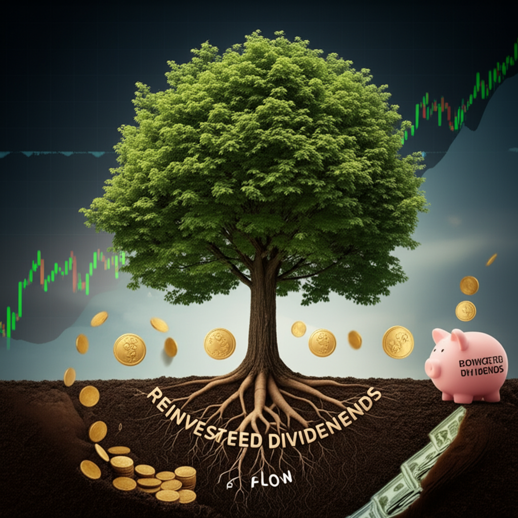 Oak tree with coins as leaves and roots forming 'Free Cash Flow', symbolizing dividends.