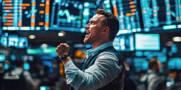 A man in business attire cheers with a clenched fist in a busy stock exchange, surrounded by large digital screens displaying financial data and stock prices. | 5StarsStocks