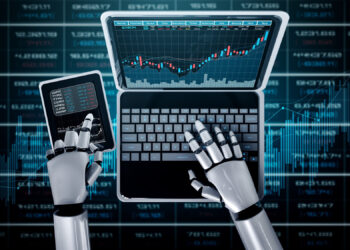 A robot uses a laptop and a smartphone displaying financial charts, with digital stock market data and rising graphs in the background, symbolizing AI in financial trading. | 5StarsStocks