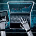 A robot uses a laptop and a smartphone displaying financial charts, with digital stock market data and rising graphs in the background, symbolizing AI in financial trading. | 5StarsStocks