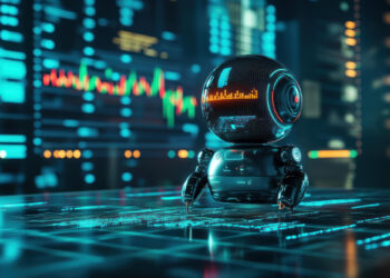 A small, futuristic robot with a spherical head displays glowing data on its face while standing on a digital surface, surrounded by holographic screens and graphs in a high-tech environment. | 5StarsStocks