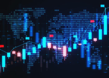 Digital financial chart with glowing blue and red candlestick patterns overlaid on a world map, showing an upward trend line against a dark background, representing global stock market trading data. | 5StarsStocks