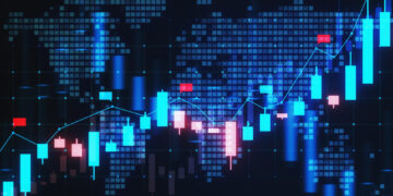 Digital financial chart with glowing blue and red candlestick patterns overlaid on a world map, showing an upward trend line against a dark background, representing global stock market trading data. | 5StarsStocks