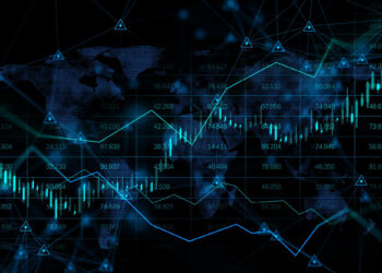 Digital illustration of stock market data with glowing blue graphs, numerical values, candlestick charts, and a faint world map in the background, representing global financial trading and analytics. | 5StarsStocks