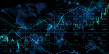 Digital illustration of stock market data with glowing blue graphs, numerical values, candlestick charts, and a faint world map in the background, representing global financial trading and analytics. | 5StarsStocks