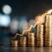 Stacks of gold coins arranged in ascending order with a glowing upward arrow graph above them, symbolizing financial growth or increasing profits. The background is blurred with bokeh lights. | 5StarsStocks