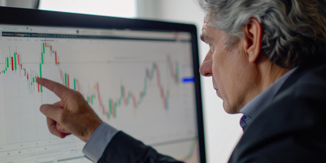 A man in a suit closely examines and points at a financial chart with candlestick patterns displayed on a computer monitor. | 5StarsStocks