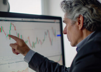 A man in a suit closely examines and points at a financial chart with candlestick patterns displayed on a computer monitor. | 5StarsStocks