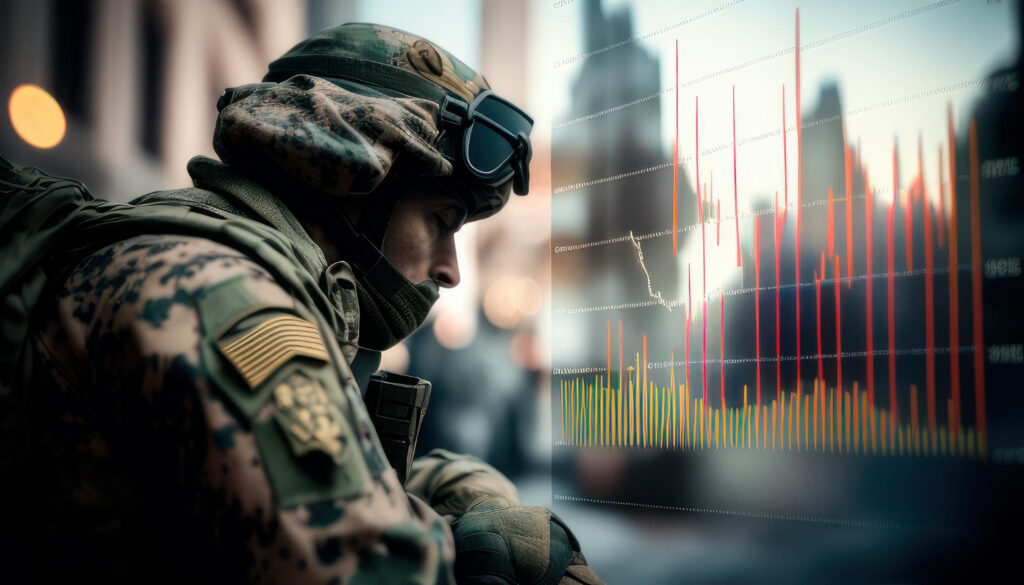 A soldier in camouflage uniform studies a large digital graph with colorful data bars and lines, branded with the 5StarsStocks.com Military logo, set against an urban background with blurred buildings. | 5StarsStocks